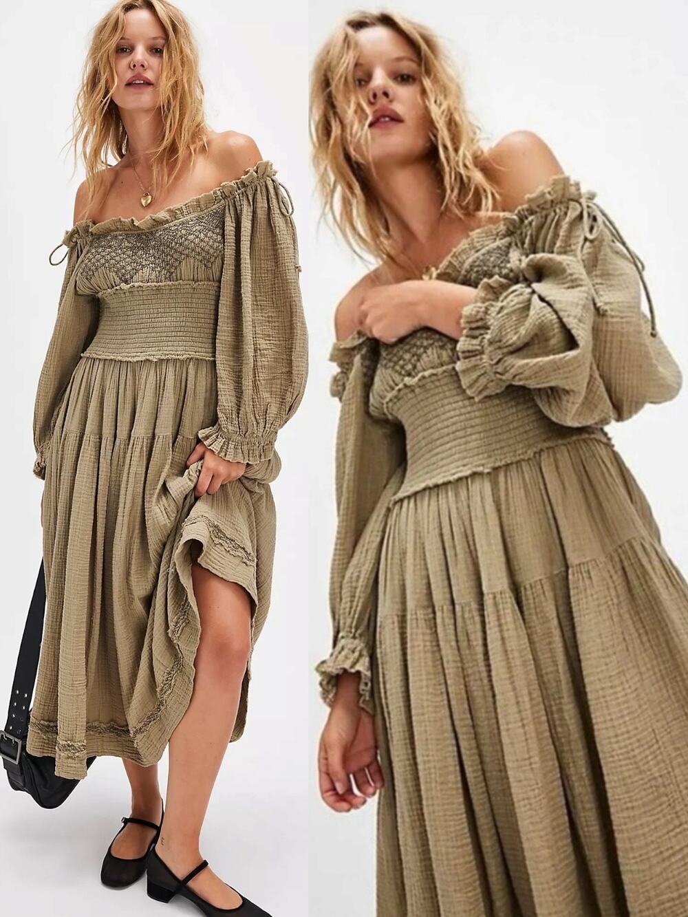 Free People Large Bohemian Witchy Gypsy Midi Maxi Gauze Dress Olive Renaissance